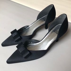 StuartWeitzman Black D’orsay Satin Bow Tie Heels
